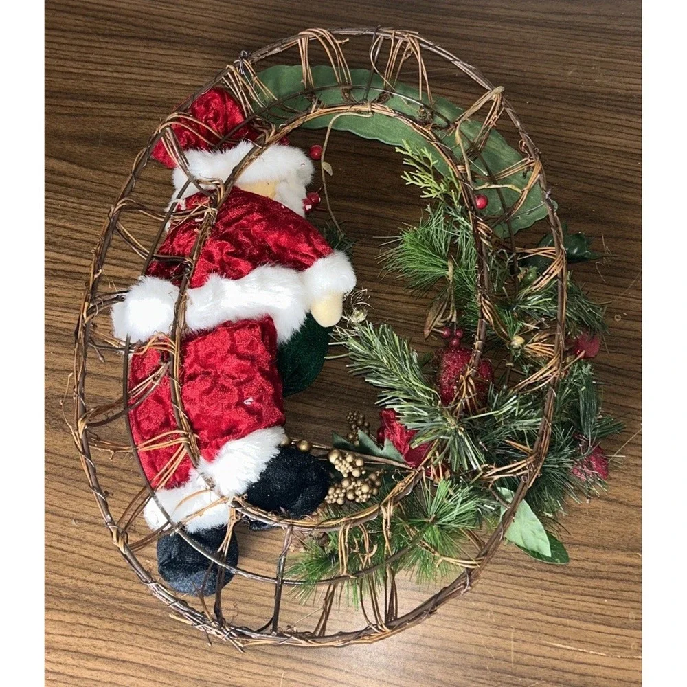 Christmas Santa Happy Holidays Grapevine Wreath Pinecone Wall Decor 18in